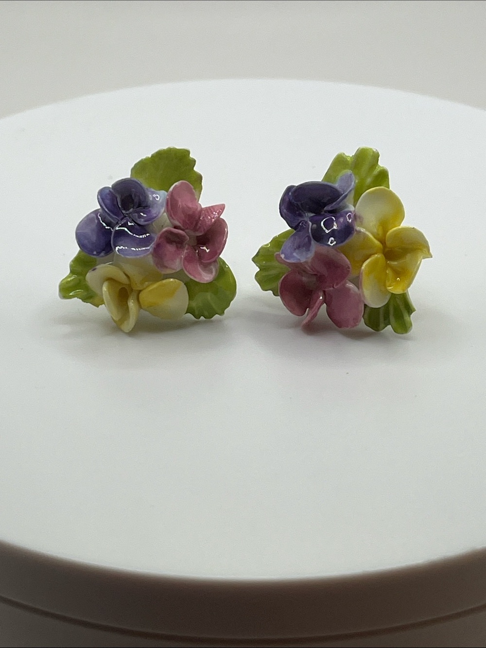 Hand-Painted Floral Porcelain Screw back Earrings in Purple, Pink & Yellow